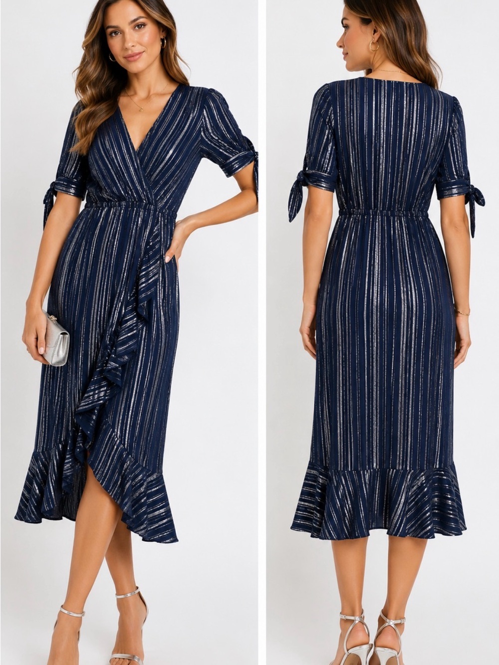 NWT Michael Kors M Navy Silver Metallic Stripe Faux Wrap Midi Dress